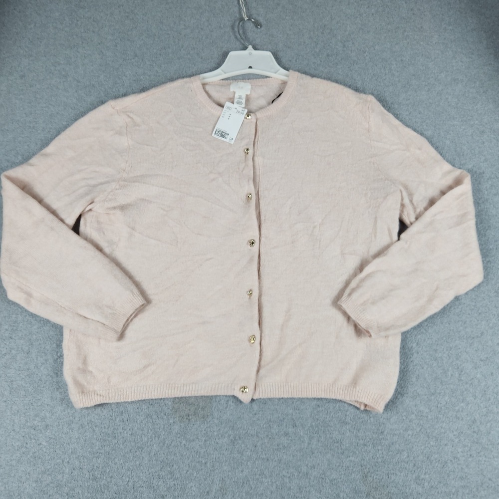 H&M Cardigan Sweater Womens Medium Light Pink Tight Knit Crew Neck Button Front